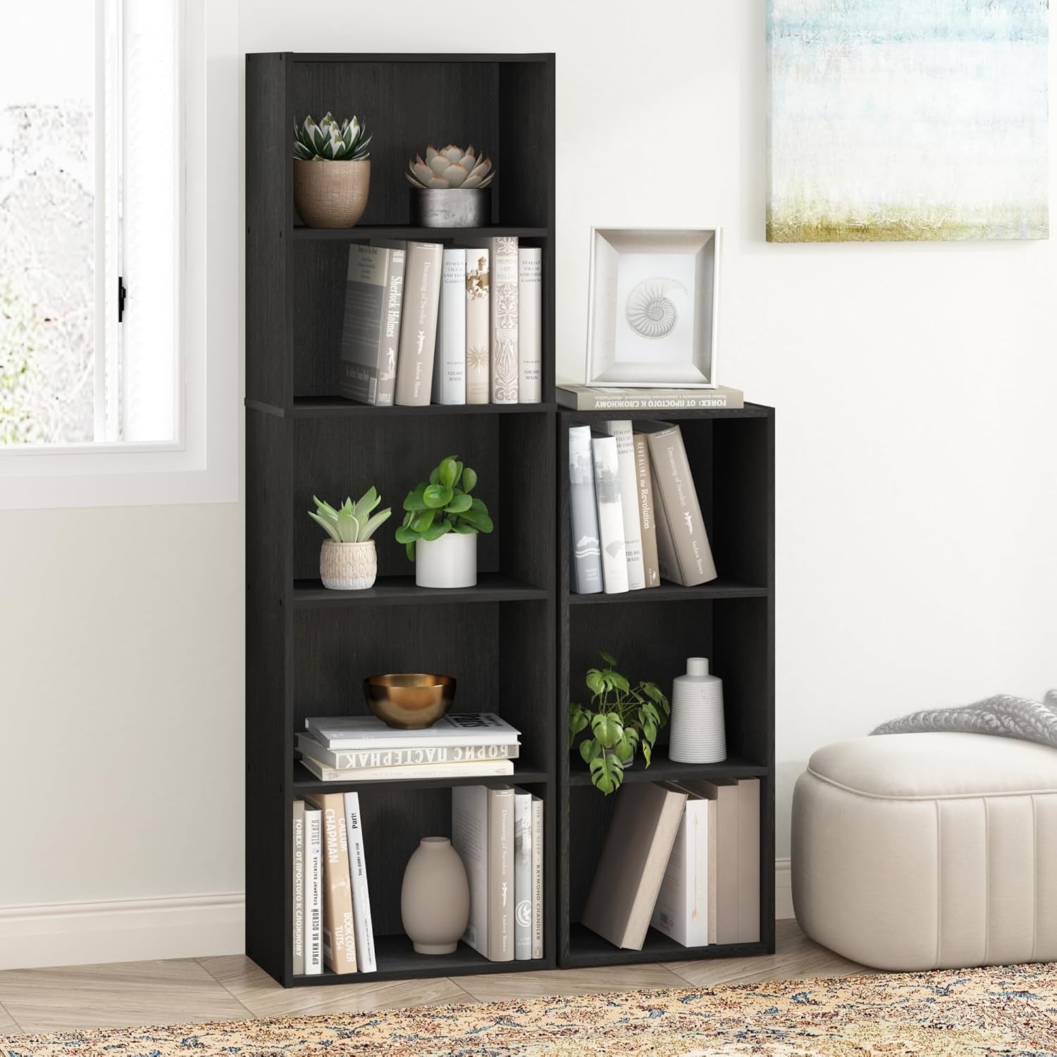 LUDER Book Shelf, 5-Cube Bookshelf, Bookcase with Open Shelf, 9.4 X 15.8 X 52, for Living Room, Bedroom, Home Office, Blackwood