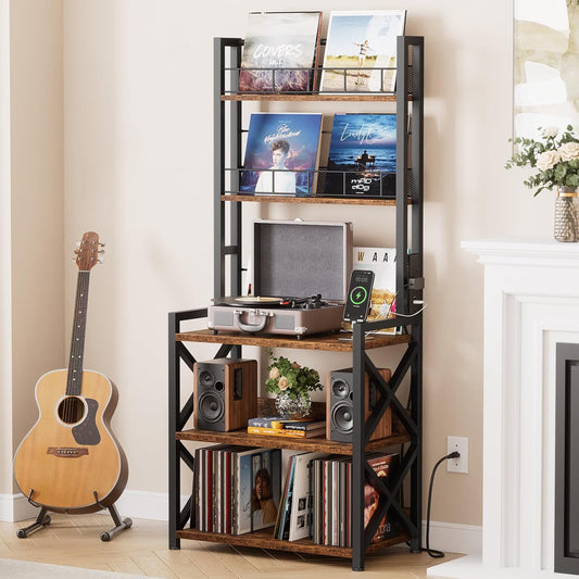 Record Player Stand with Power Outlet, 5-Tier Vinyl Record Storage Rack with Turntable Stand, LP Album Organizer & Display Rack, Media Storage Cabinet for Living Room Bedroom Music Corner