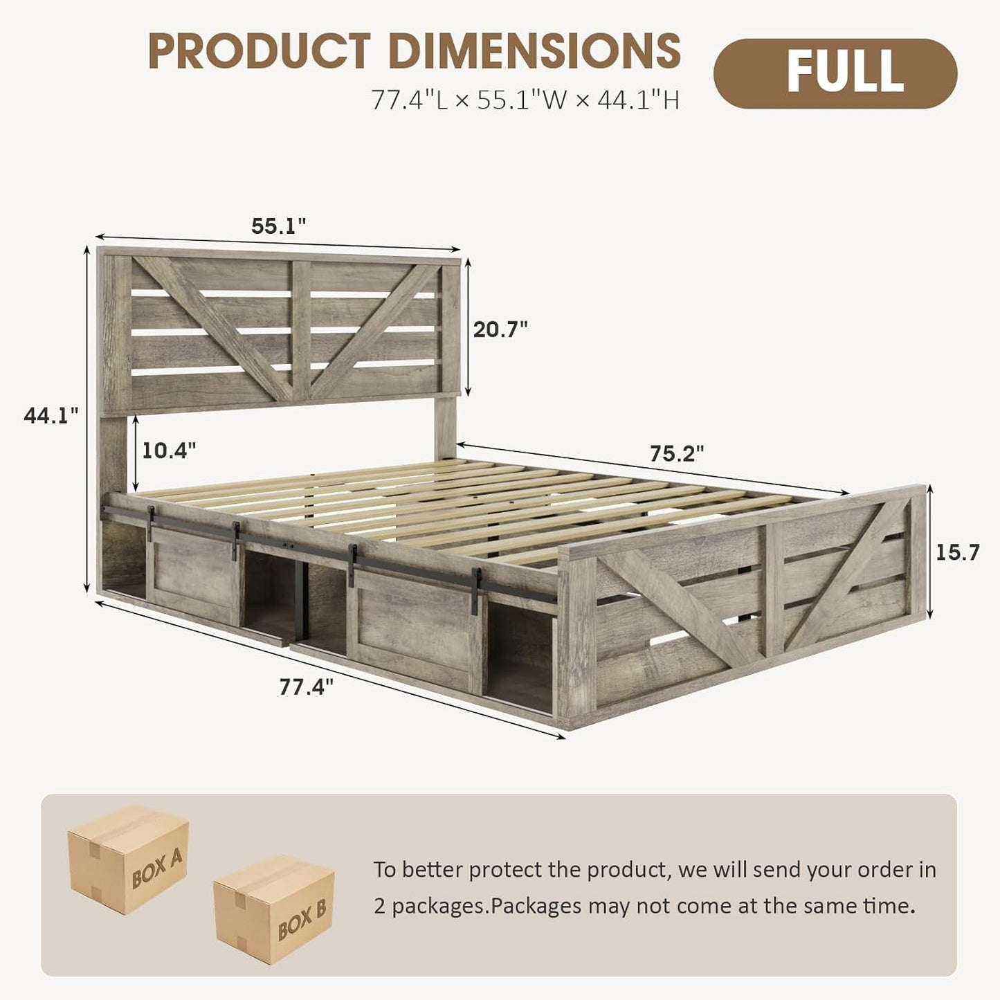 Farmhouse Full Size Wood Bed Frame with Sliding Barn Door Storage Cabinets, Rustic Platform Bed Frame with Adjustable Headboard, Sturdy Wood & Metal Frame, No Box Spring Needed, Noisy-Free