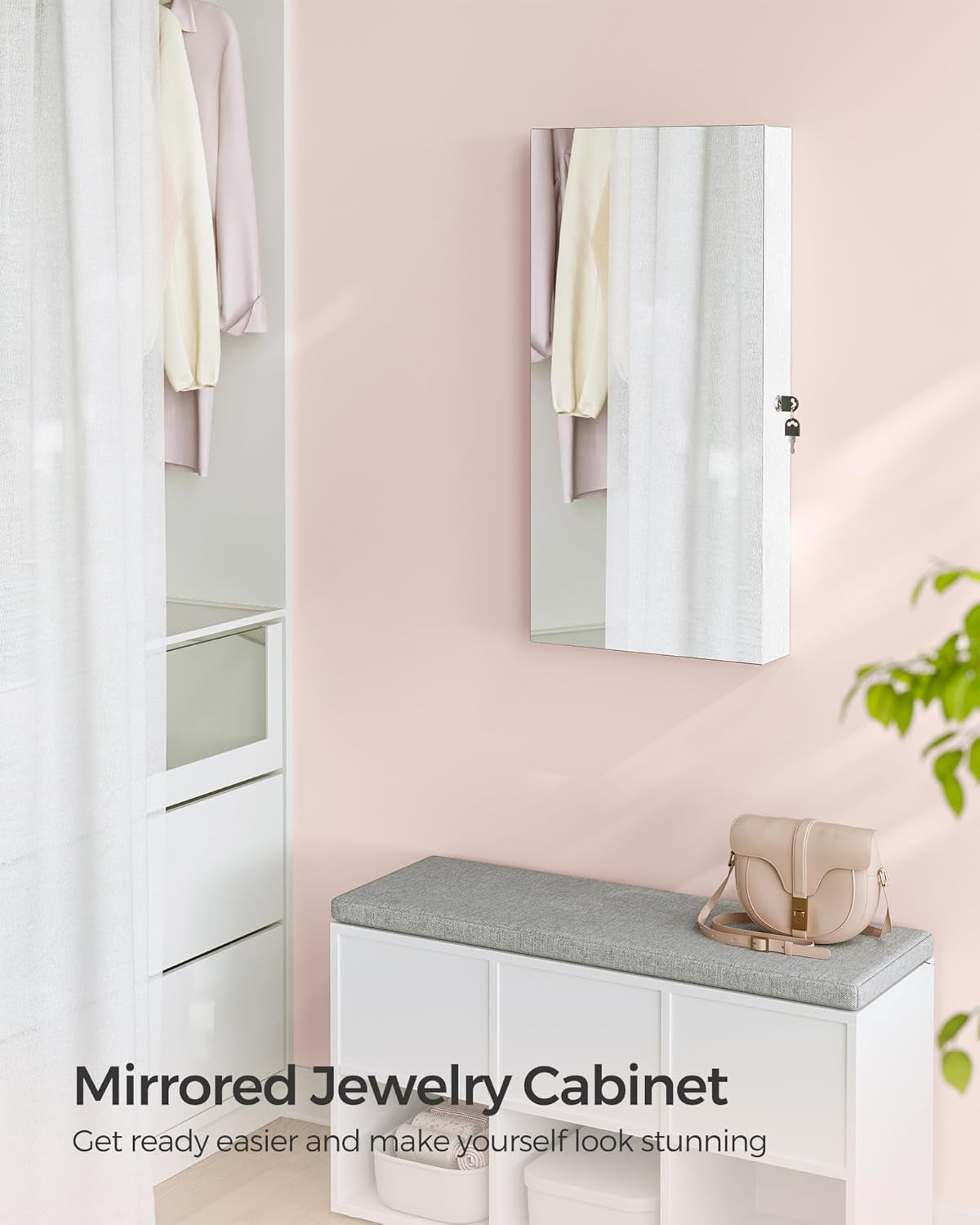 Mirror Jewelry Cabinet Armoire with Built-In LED Lights, Wall or Door Mounted Jewelry Storage Organizer, 3.8 X 14.6 X 26.4 Inches Hanging Mirror Cabinet, Gift Idea, White UJJC050W01