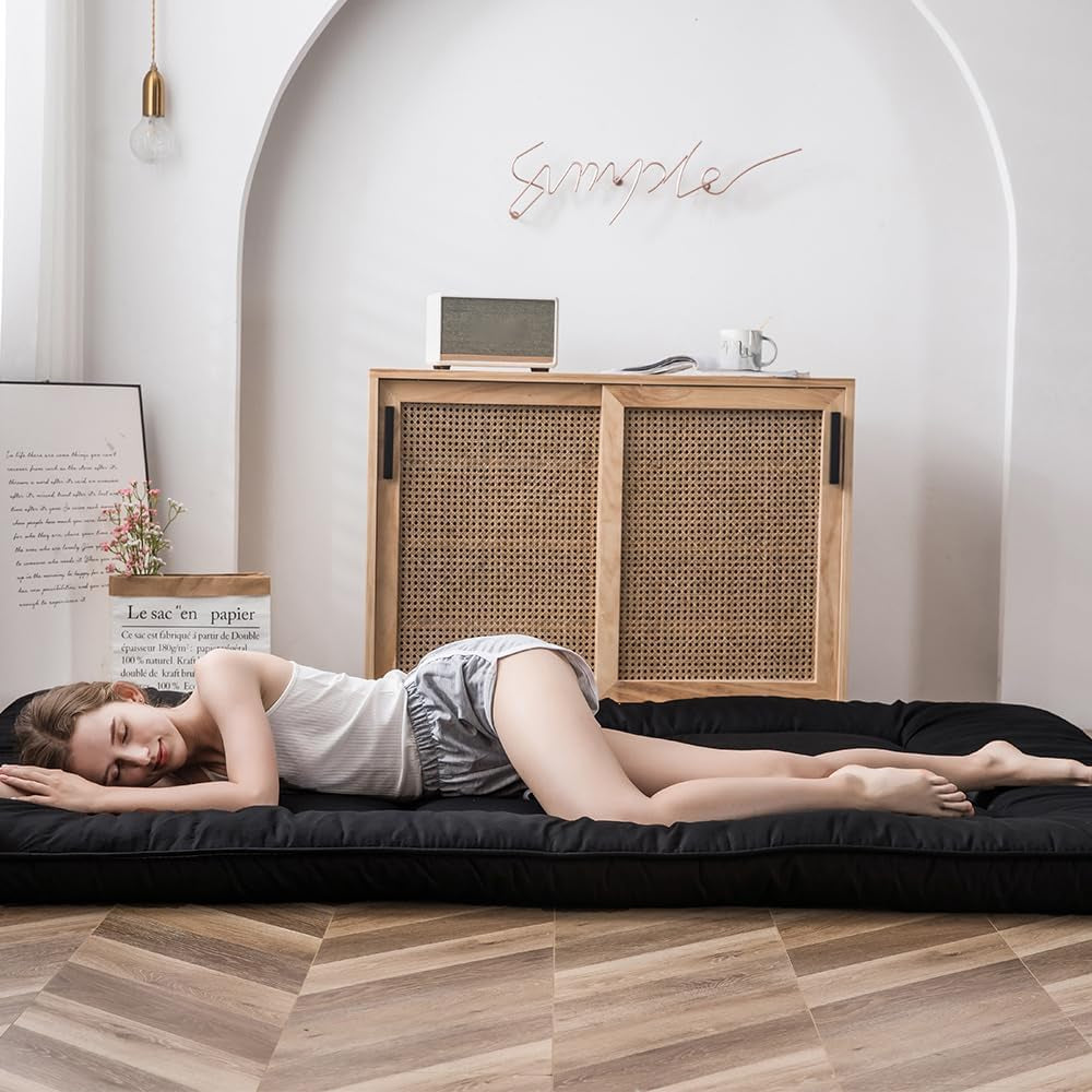 Japanese Floor Mattress Futon Mattress, 4" Thicken Tatami Mat Sleeping Pad Foldable Roll up Mat Boys Girls Dormitory Pad Kids Floor Lounger Pillow Bed, Black, Full