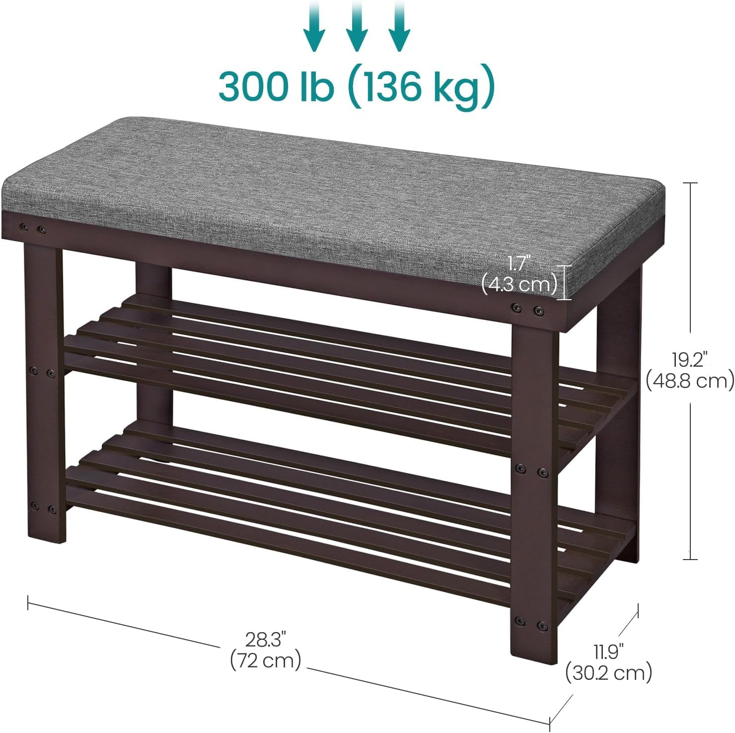Bamboo Shoe Bench, 3-Tier Shoe Rack Organizer for Entryway, Living Room, Bench Seat Holds up to 300 Lb, 11.9 X 28.3 X 19.2 Inches, Rustic Walnut and Slate Gray ULBS604CG