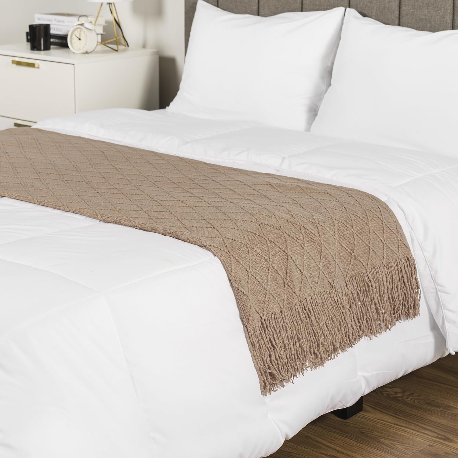 Tan Taupe Knit Throw Blanket for Couch Bed, Soft Knitted Farmhouse Sofa Throw for Living Room, Lightweight Decorative Fall Throw Blanket for Chair, Outdoor Textured Boho Blanket, 50X60