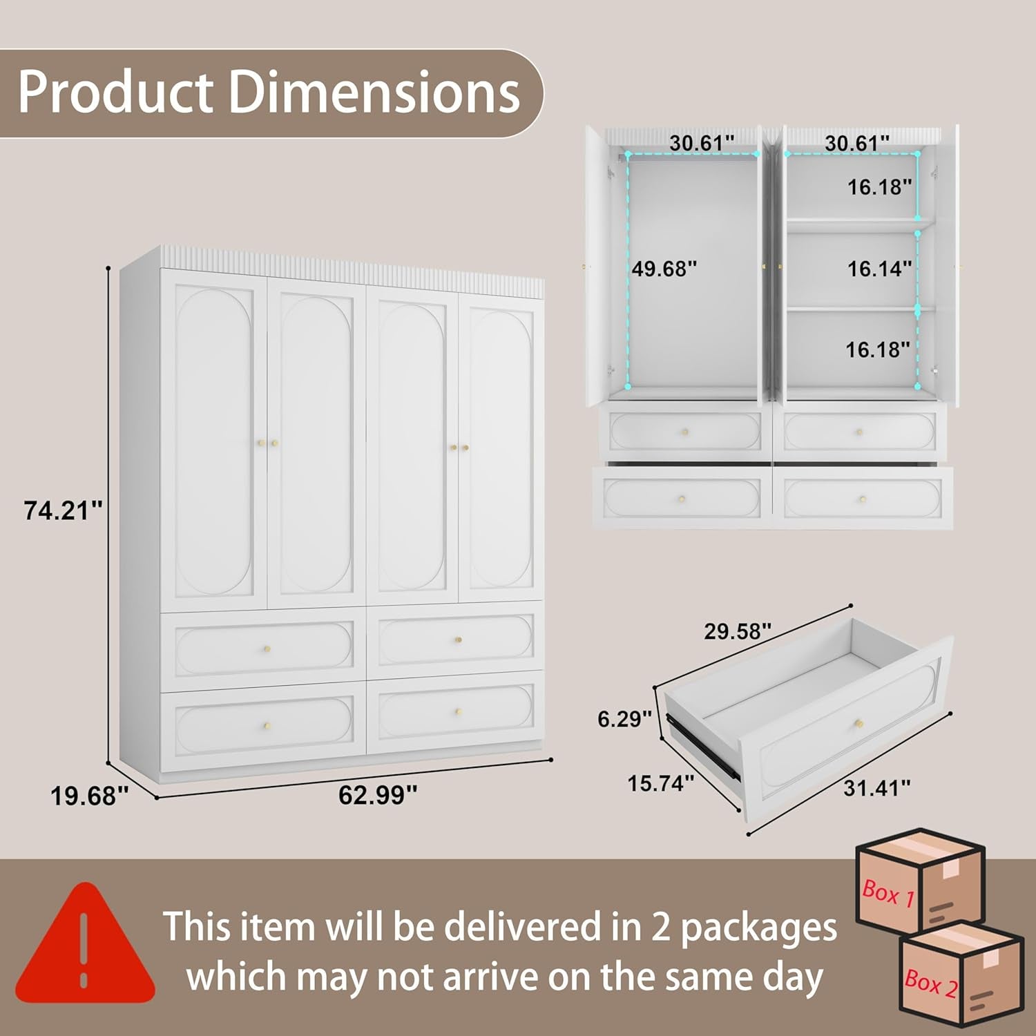 White Armoire Wardrobe Closet: 74" Large Wardrobe Closet with 4 Drawers, 4 Door Armoire Wardrobes for Hanging Clothes, Modern Wooden Closets for Bedroom (White)