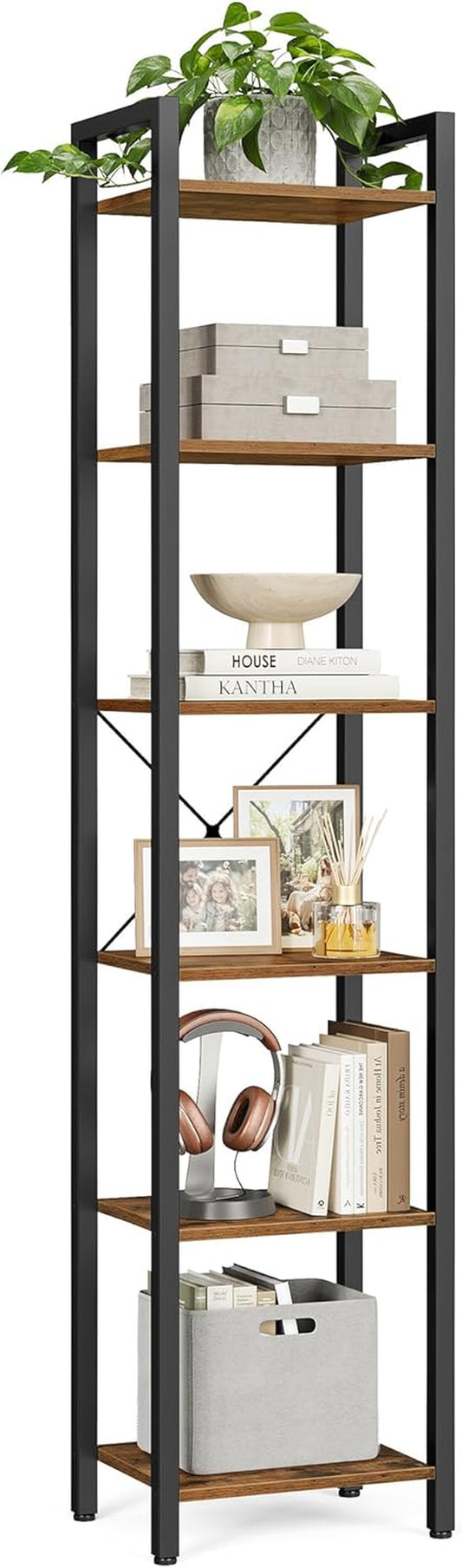 6-Tier Bookshelf, Bookcase with Steel Frame, Book Shelf for Living Room, Home Office, Study, 11.8 X 15.7 X 73.2 Inches, Industrial Style, Rustic Brown and Ink Black ULLS101B01