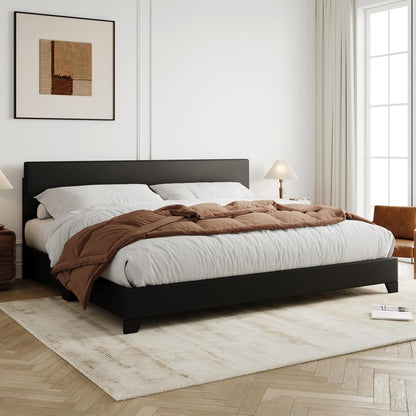 King Size Bed Frame with Adjustable Headboard, Faux Leather Platform Bed with Wood Slats, Heavy Duty Mattress Foundation, No Box Spring Needed, Noise-Free, Easy Assembly, Black