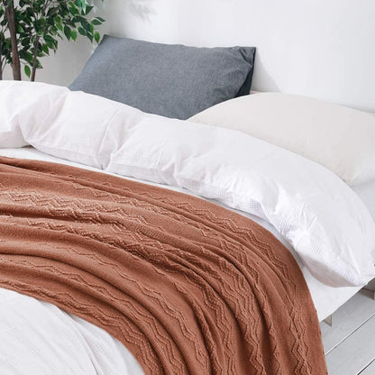 Knitted Boho Throw Blanket for Couch Textured Knit Terracotta Rust Blanket with Tassels Cozy Woven Farmhouse Blanket for Sofa Bed Chair Wave Pattern Fall Decor 50"X60", Orange