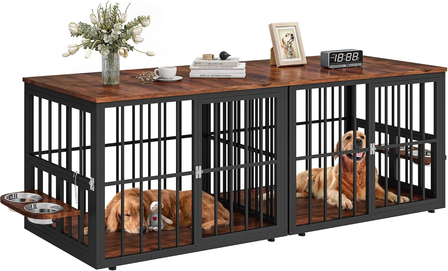88.6" Large Corner Dog Crate Furniture for 2 Dogs, Large Wooden Dog Kennel with Dog Bowls & 3 Doors, Large Double Dog Crate Furniture TV Stand for Medium Large Dogs, Brown