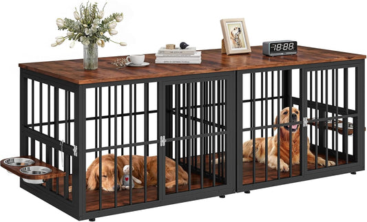 88.6" Large Corner Dog Crate Furniture for 2 Dogs, Large Wooden Dog Kennel with Dog Bowls & 3 Doors, Large Double Dog Crate Furniture TV Stand for Medium Large Dogs, Brown