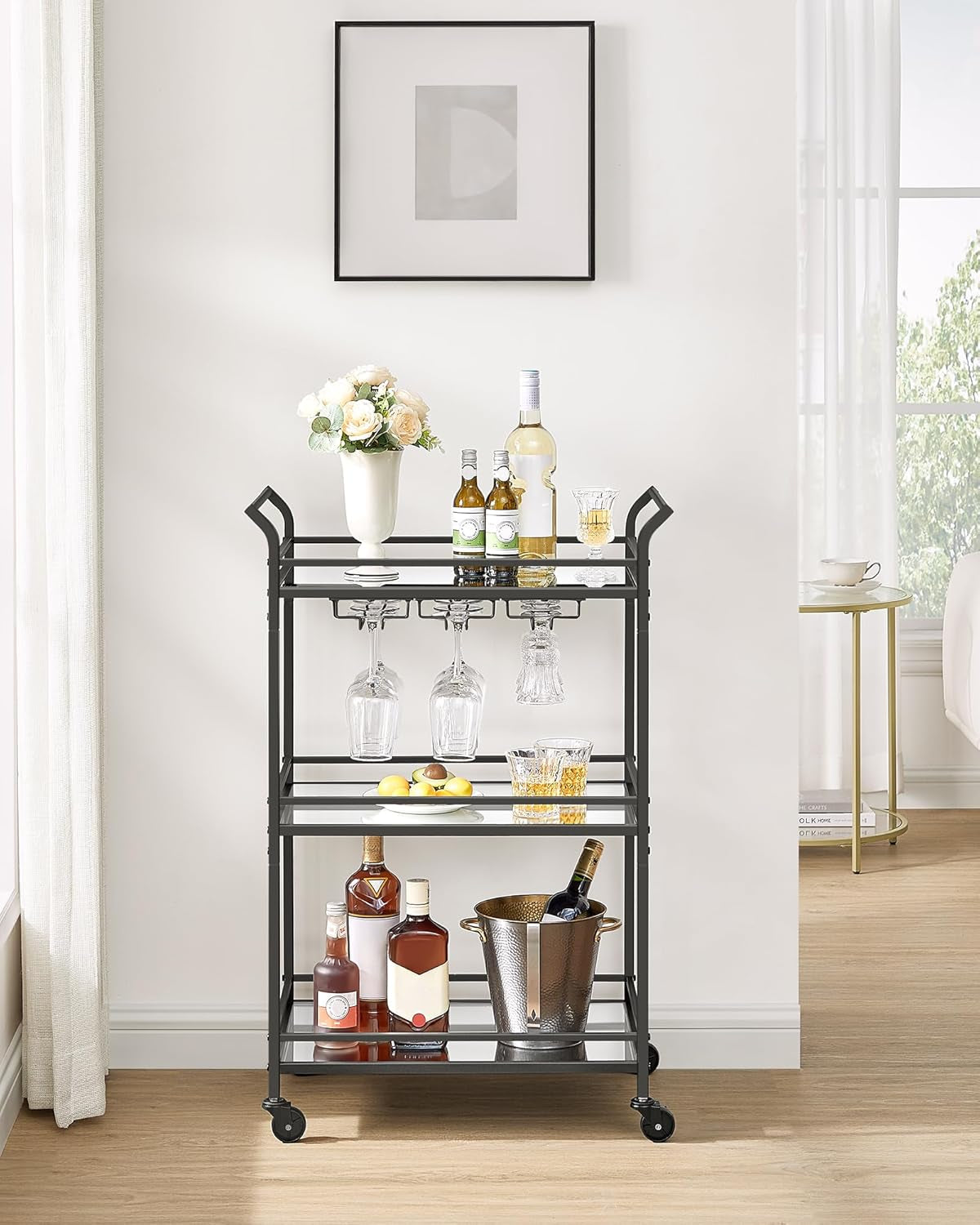 Bar Cart Black, Small Home Bar Serving Cart with 3-Tier Mirrored Shelf, Wine Holders, Glass Holders, for Small Spaces, Kitchen, 15 X 23.6 X 36.2 Inches, Black ULRC100B01