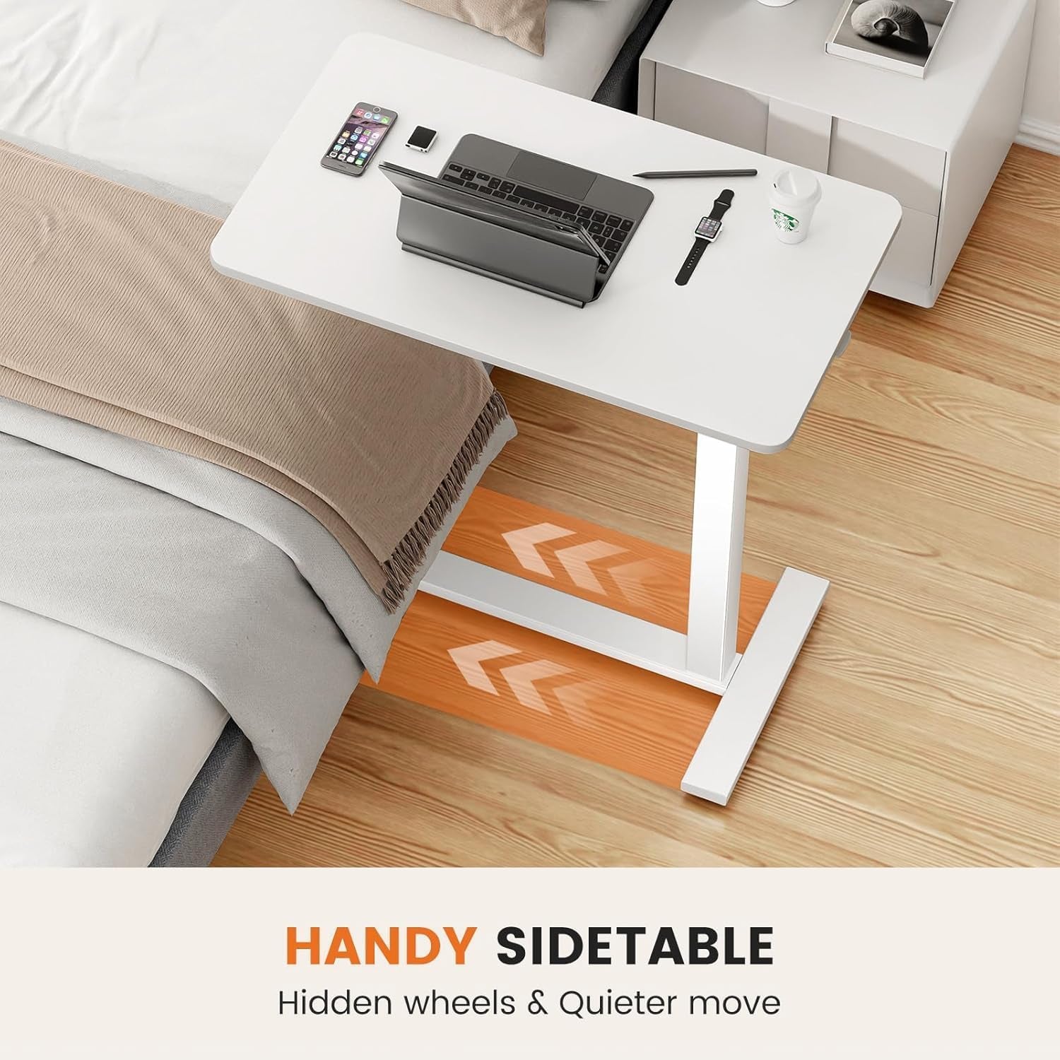 Overbed Bedside Table with Wheels, Adjustable Hospital & Home Use Bed Rolling Laptop Table, Mobile Standing Desk, White