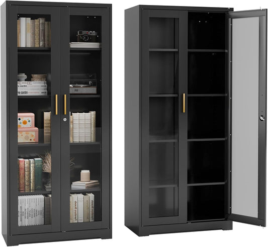 71" Metal Display Cabinet with Glass Doors, Locking Curio Cabinets with 4 Adjustable Shelves, Glass Display Case for Collectibles, Metal Storage Cabinet