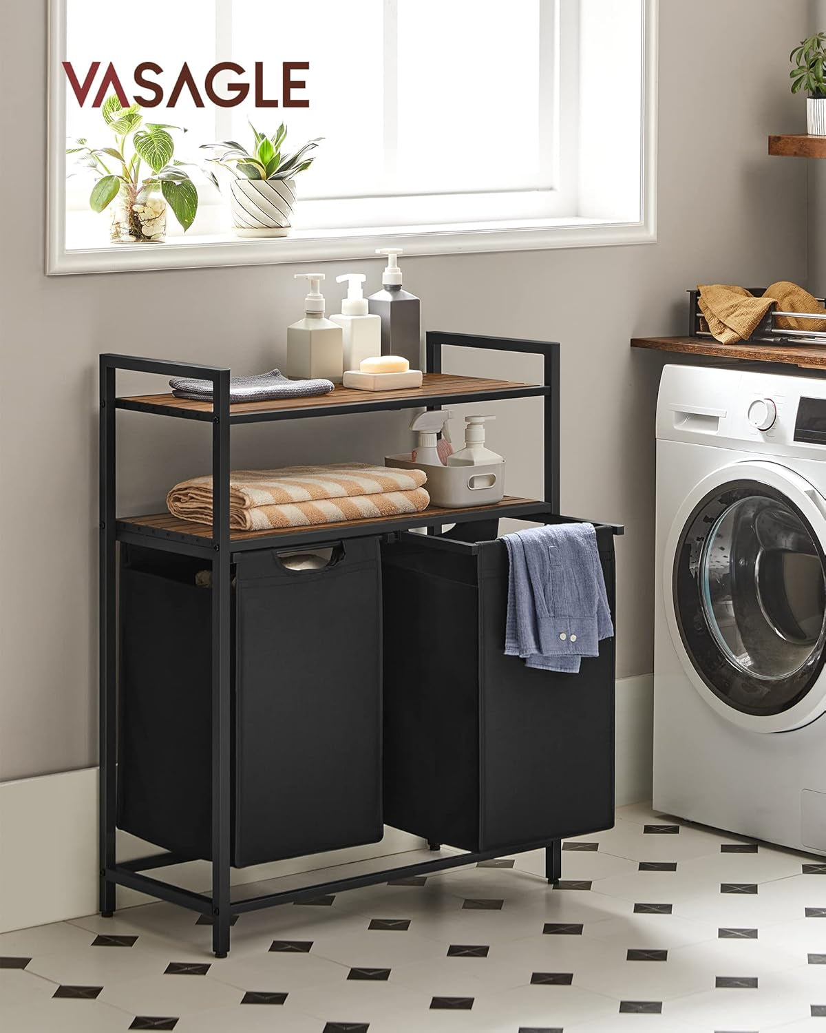 Laundry Hamper, Laundry Basket, Laundry Sorter with 2 Pull-Out and Removable Bags, 2 Shelves, 12.1 Gal (46L) Capacity per Bag, for Laundry Room, Rustic Brown and Black UBLH211B01