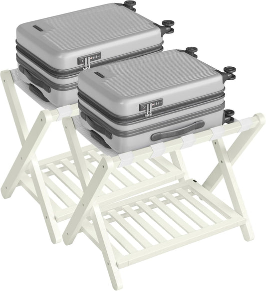 Solid Wood Luggage Racks, Set of 2, No Assembly Required, Foldable Suitcase Stand, Luggage Holder, with Storage Shelf, for Guest Room, Hotel, Bedroom, Cream White URLR021WZ02S