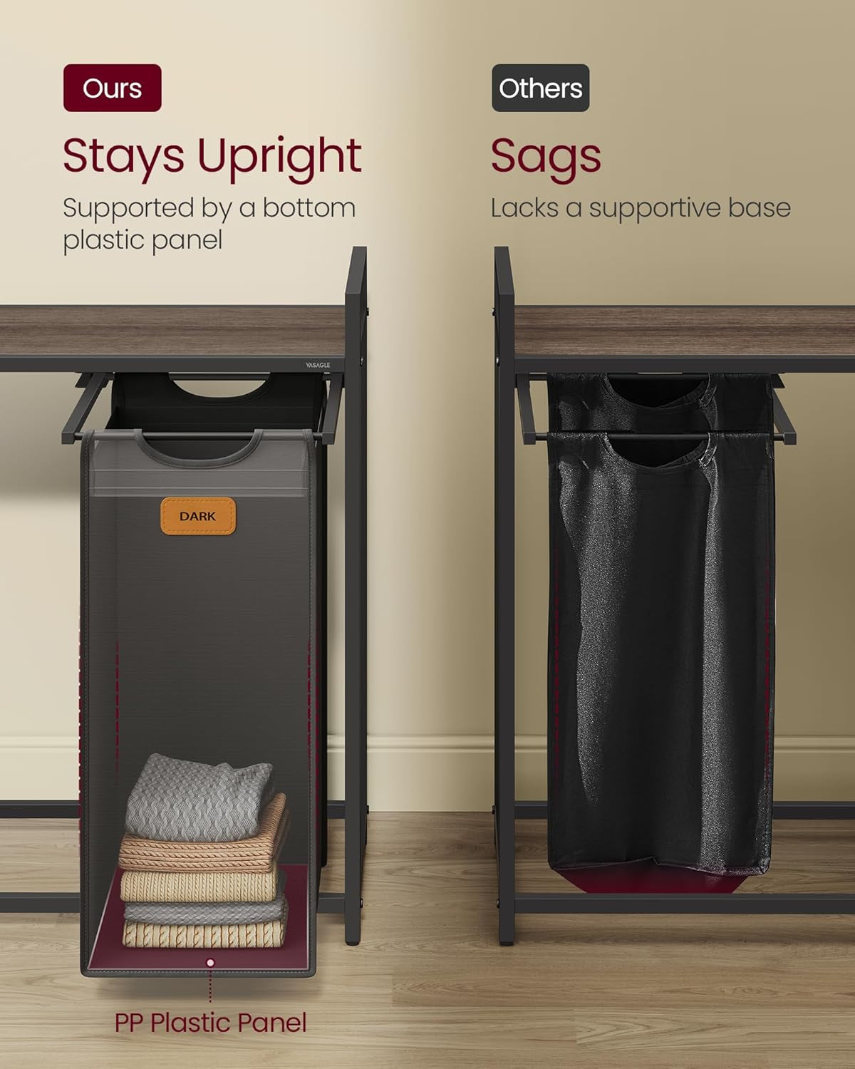 Laundry Hamper with 3 Compartments, 39.6 Gal. (150 L) Laundry Sorter, Rolling Laundry Cart with Shelves, Removable Liners, 6 Labels, Chestnut Brown, Ink Black and Dove Gray UBLH312B01