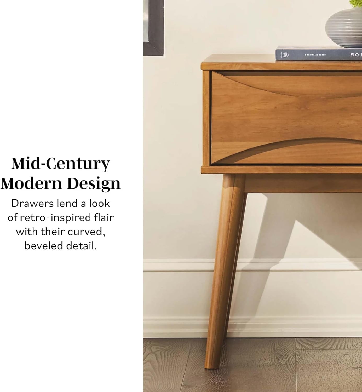 Atticus Solid Wood Retro 1-Drawer Nightstand, 25 Inch, Caramel