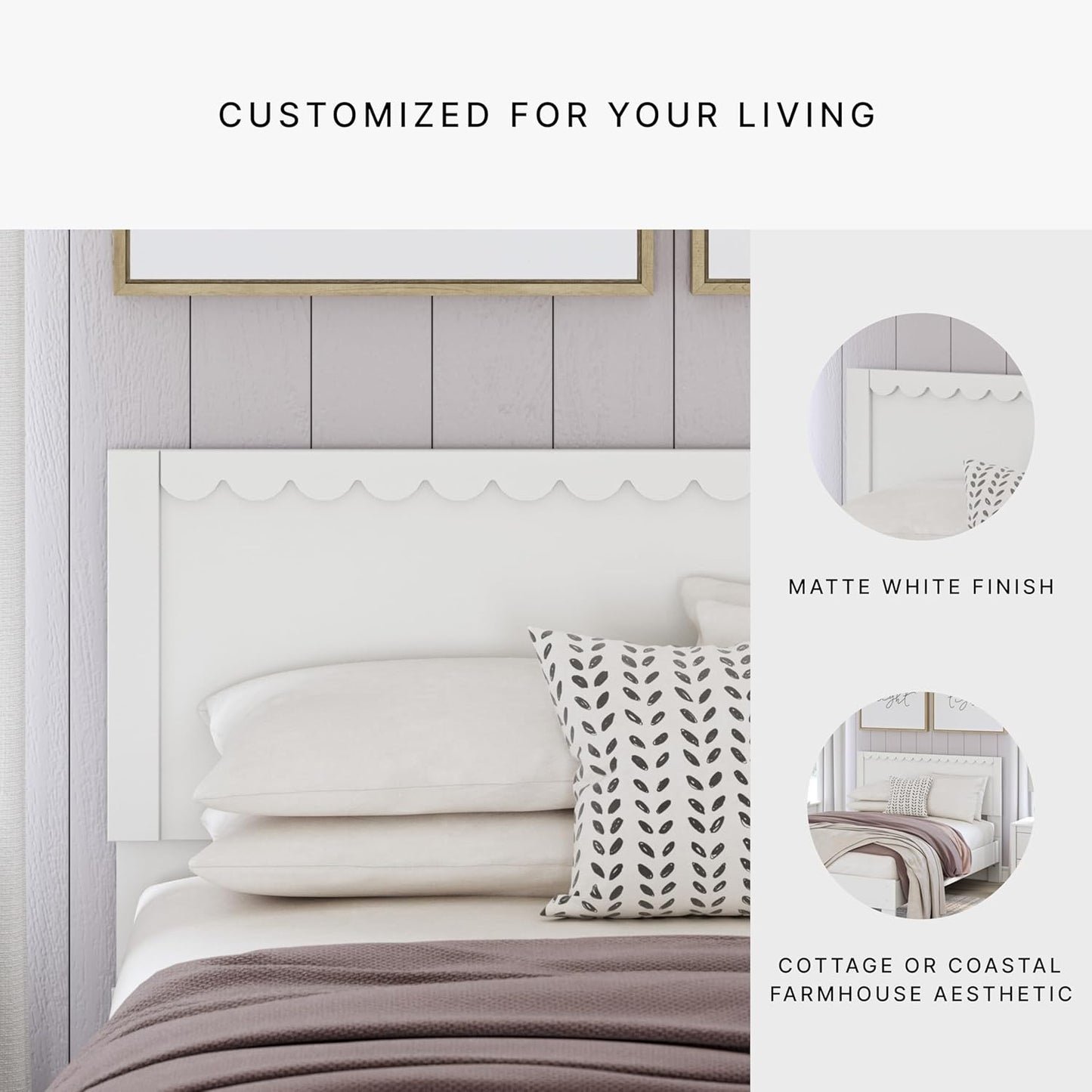 Signature Design by Ashley Hallityn Coastal Panel Headboard, Wood, Scallop Detail, Full, Headboard Attaches to Your Bed Frame (Not Included), Matte White Finish, (Headboard Only)