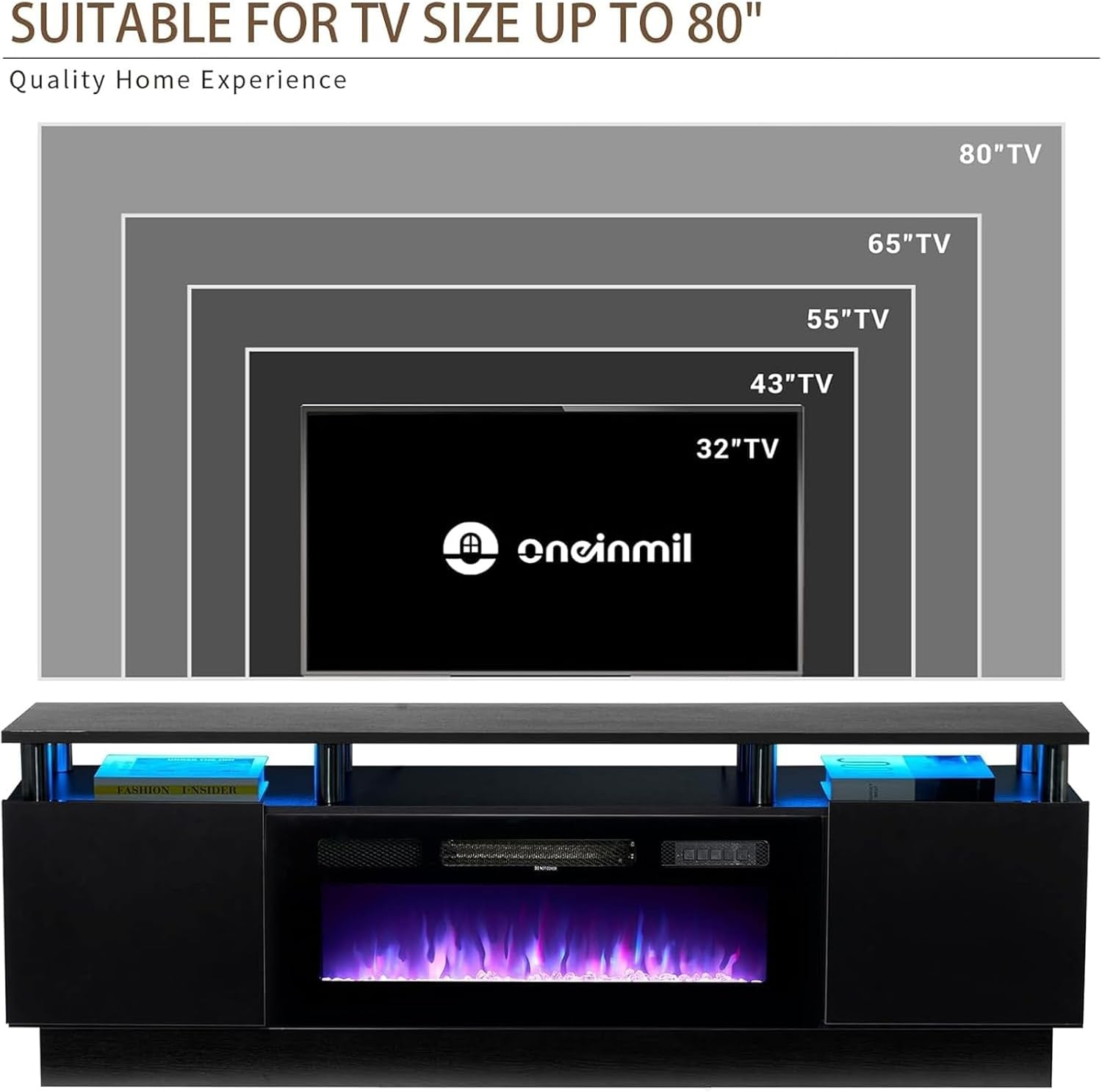 2 Tier TV Console Stand with 36" Electric Fireplace, LED Light Entertainment Center for Tvs up to 80" for the Living Room, 70", Black