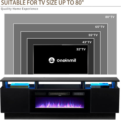 2 Tier TV Console Stand with 36" Electric Fireplace, LED Light Entertainment Center for Tvs up to 80" for the Living Room, 70", Black