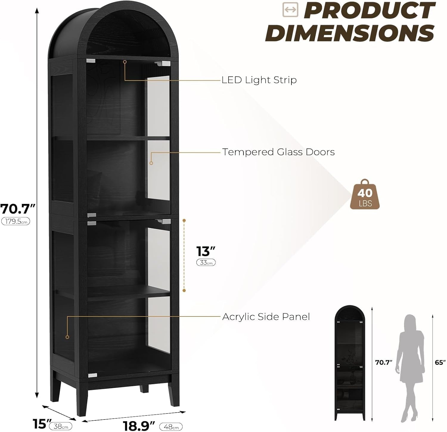 71" Tall Arched Display Cabinet with Glass Doors, Curio Cabinet with LED Lights for Collectibles, Books, 5-Tier Showcase Glass Display Case with Human Body Sensor for Living Room, Black