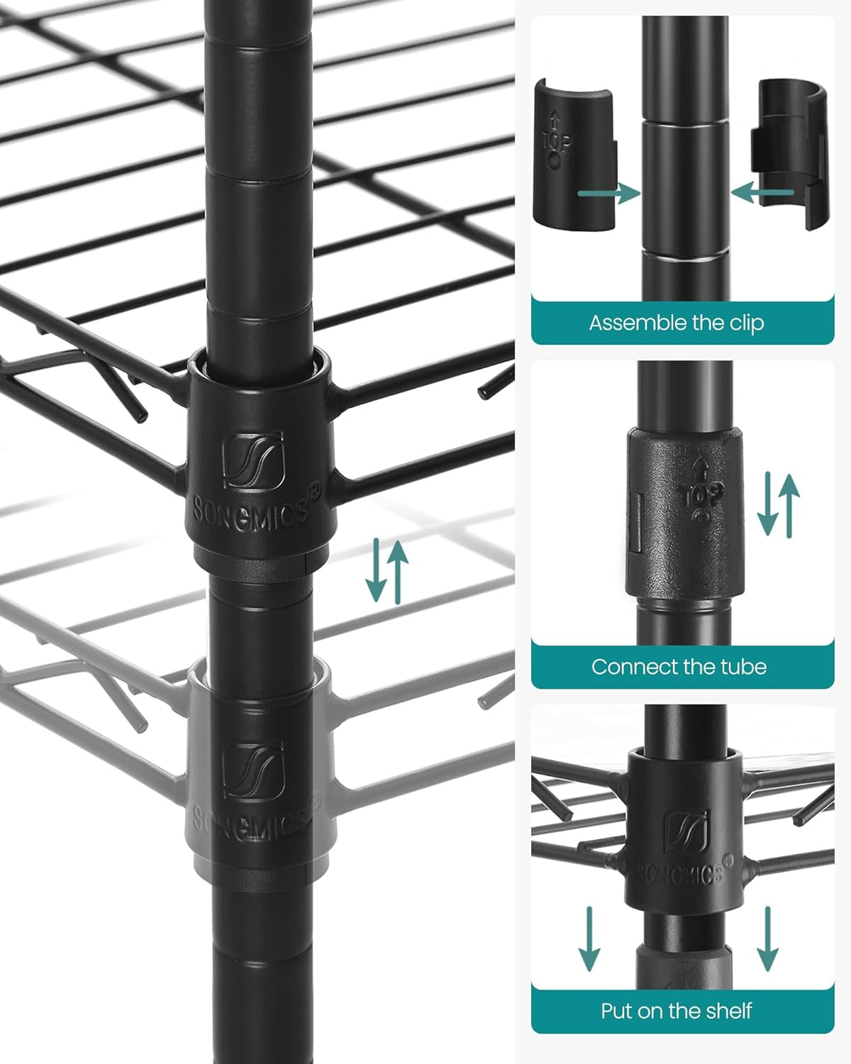 3-Tier Bathroom Shelf, Storage Rack for Small Space, with 3 PP Shelf Liners, Removable Hook, Extendable Design, Ink Black and Translucent ULGR103B01
