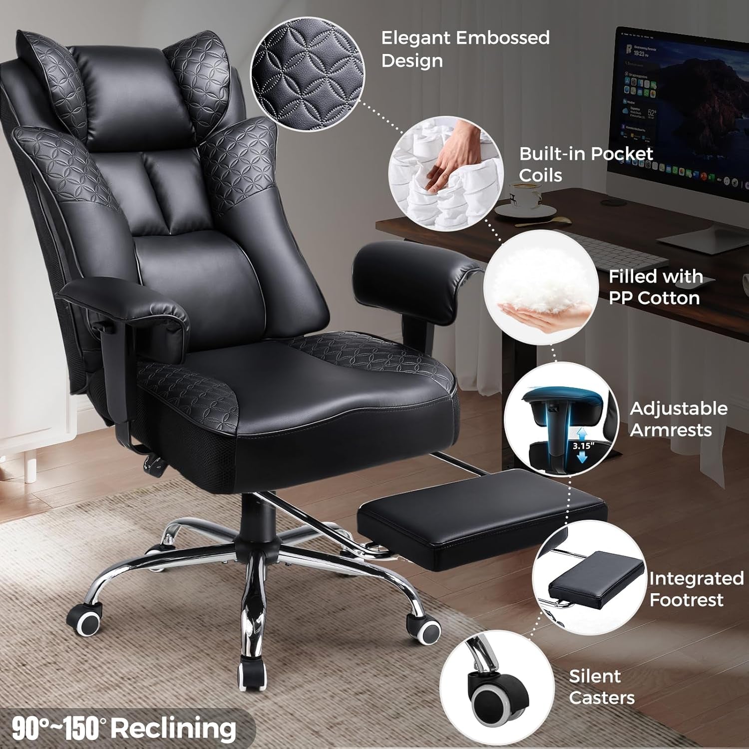 Big and Tall Office Chair 400LBS Wide Ergonomic Gaming Chair with Deluxe Embossing Designed Leather with Foot Rest,150°Reclining Adjustable Soft Armrests Pocket Spring Back Support and Pillow