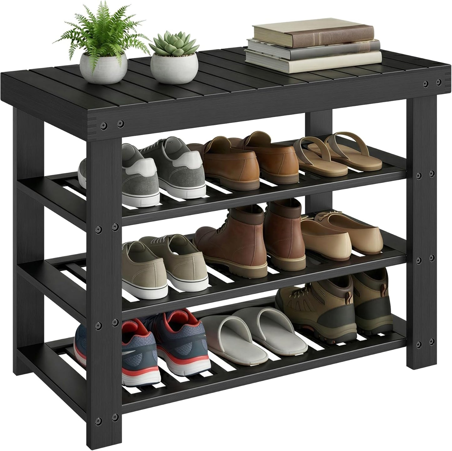 Shoe Rack Bench, 4 Tier Bamboo Shoe Storage Organizer, Entryway Bench, for Living Room, Bathroom, Bedroom, 11.3 X 27.6 X 20.5 Inches, Ink Black ULBS370BH01