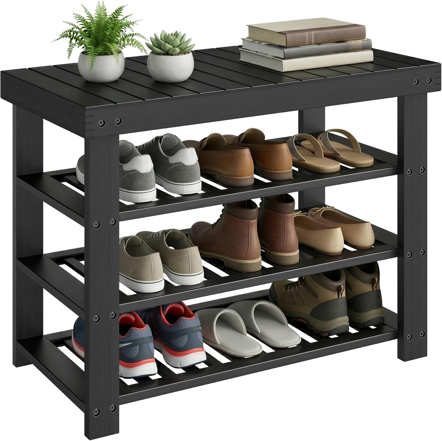 Shoe Rack Bench, 4 Tier Bamboo Shoe Storage Organizer, Entryway Bench, for Living Room, Bathroom, Bedroom, 11.3 X 27.6 X 20.5 Inches, Ink Black ULBS370BH01