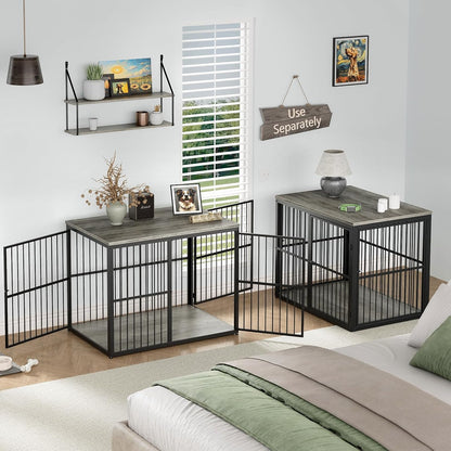 86'' Dog Crate Furniture Large Breed TV Stand for 2 Large Dogs, Double Wooden Crate Pet Cage with Removable Divider, Indoor Heavy Duty Kennel Corner End Table, Can Use Separately, Grey