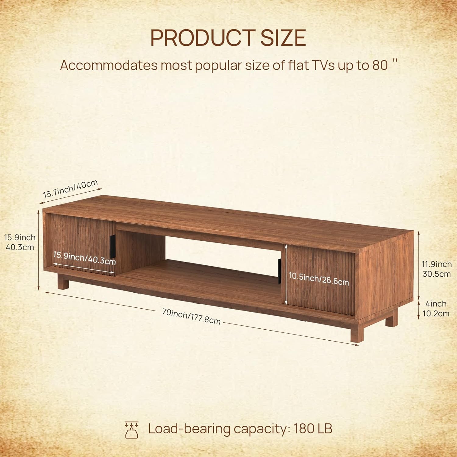 Fluted TV Stands for Living Room, 70" Mid Century Modern Entertainment Center with Storage, Brown Walnut TV Console for 65/75/80 Inch TV, Wood Television Media Cabinet for Bedroom