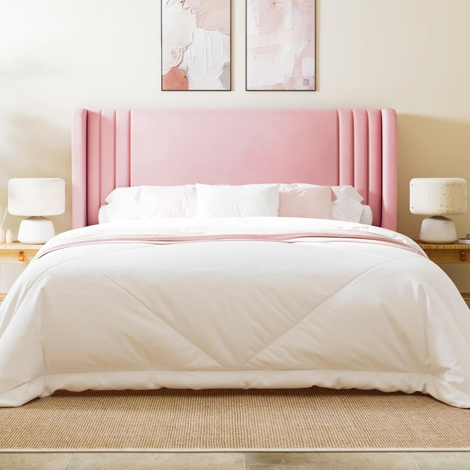 Full Size Velvet Platform Bed Frame with Vertical Tufted Wingback Headboard, Easy Assembly, under Bed Storage, No Box Spring Required, Modern Style, Pink