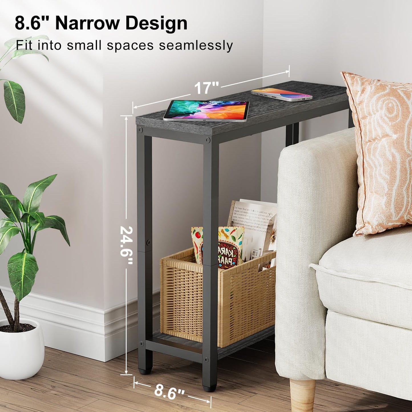 8.6” Narrow Small Side Table for Small Spaces, 2 Tier Skinny Couch End Tables Living Room, Slim Nightstand for Bedroom Bedside, Brown