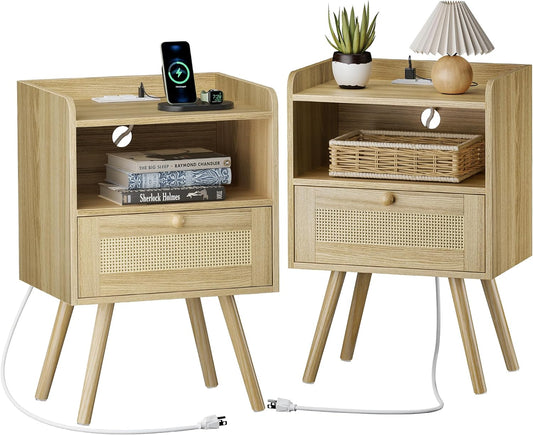 Nightstands Set of 2, Night Stands with Charging Station & PE Rattan Decor Drawer, Bed Side Tables with Solid Wood Feet, End Table, for Bedroom, Living Room - Natural