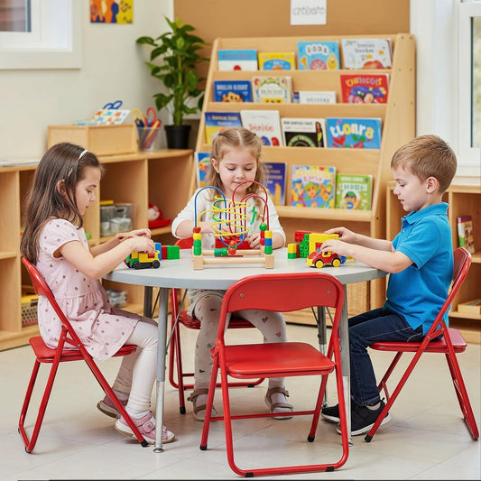 2 Pcs Kids Desk Chair Foldable with Padded Seat & Back, Metal Frame for Toddler&Children, Indoor Outdoor Portabel Use for Playroom, Bedroom, Kitchen, Folding for Easy Storage, Green+Red
