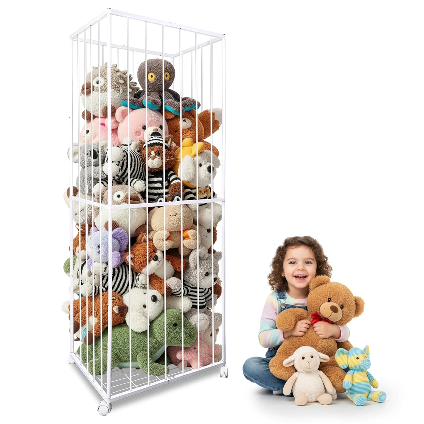 Stuffed Animal Storage, Metal Tube Extra Large Toy Storage Organizer with Brake Wheels, Stuffed Animal Holder Zoo Organizer for Nursery Playroom Kids Room White(61” X 23.6”X 16.5”)