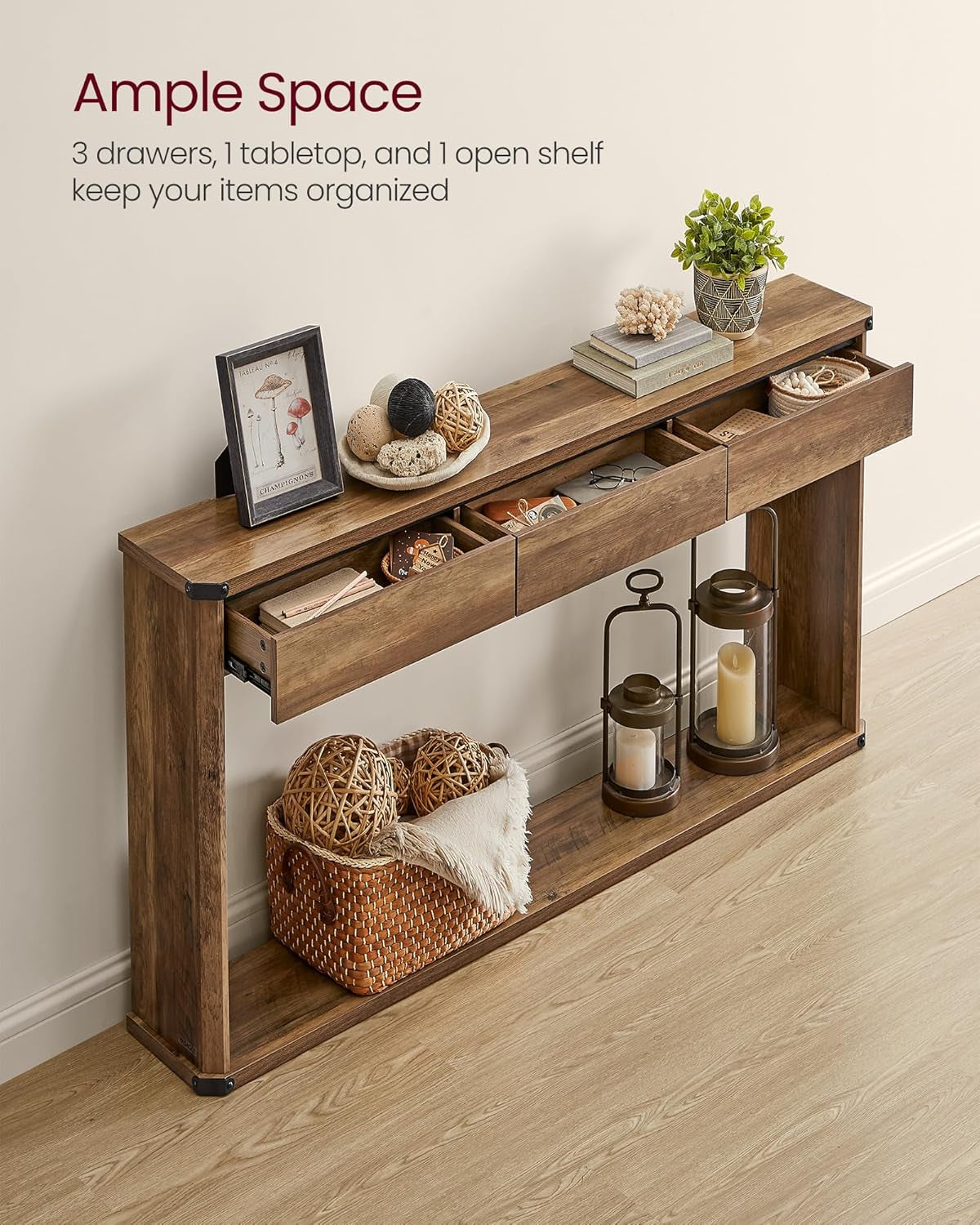 Console Table, 47.2 Inches Sofa Table, Narrow Entryway with 3 Drawers, Bottom Shelf, Metal Corners, for Living Room, Bedroom, Farmhouse Style, Honey Brown ULNT143K41