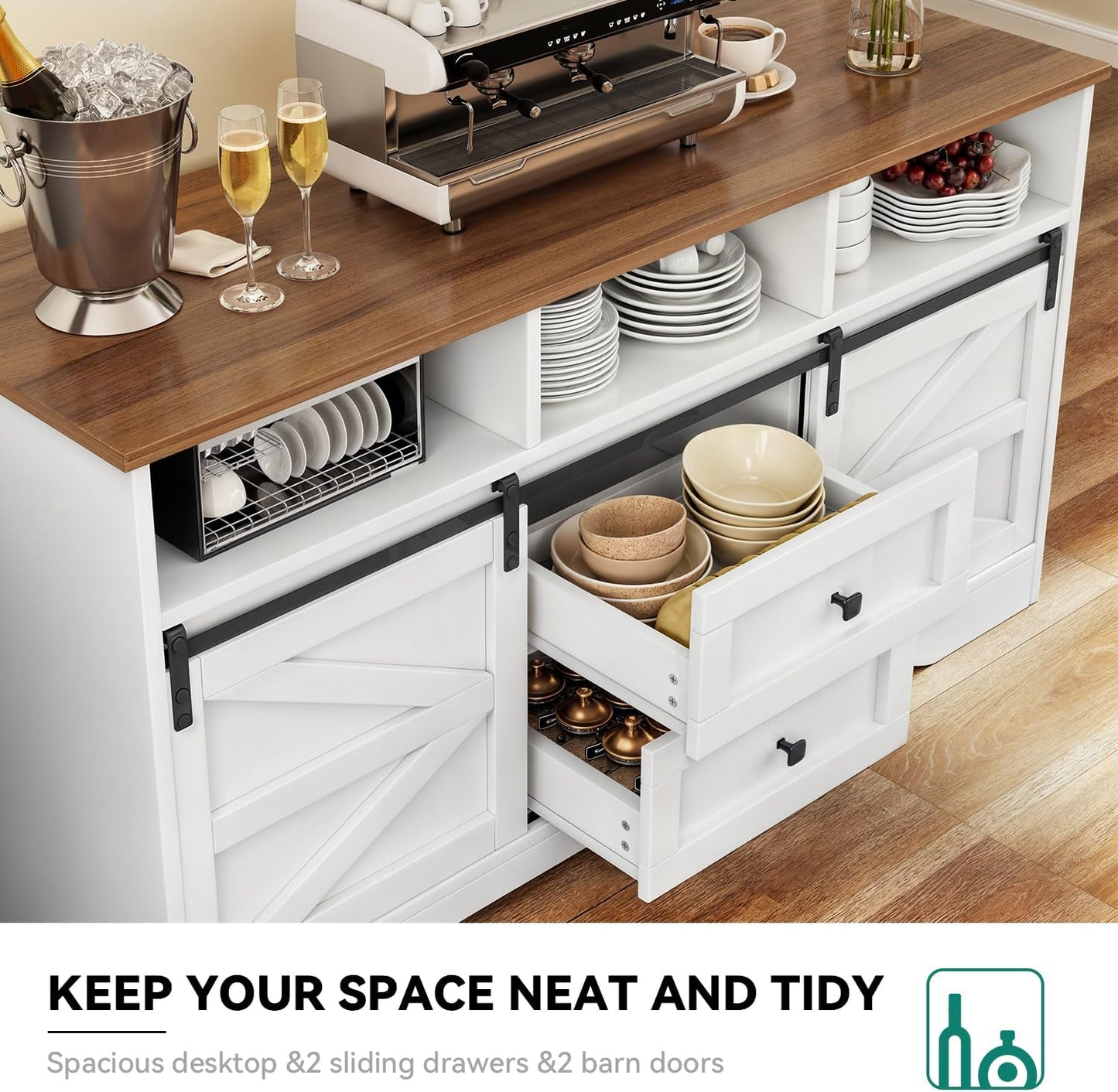 Buffet Cabinet with Drawers, 59" Large Sideboard Buffet Storage Cabinet with Shelves and Doors, Modern Farmhouse Coffee Bar Station Wood Kitchen Table for Kitchen, Dining Room, White