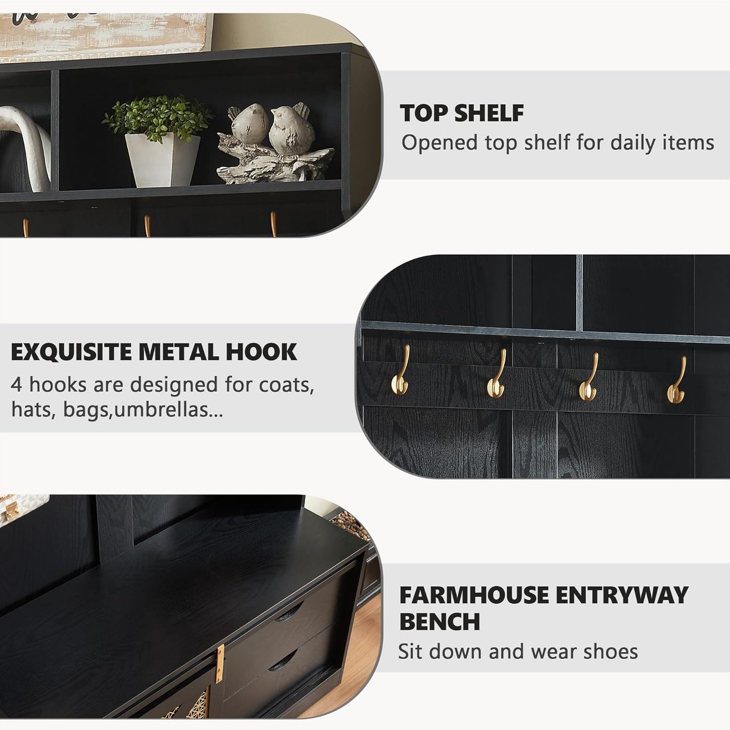 71" H Entryway Hall Tree with Coat Rack and Storage Bench, Coat Tree with Hooks for Entryway, Hallway, Living Room, Mudroom Black