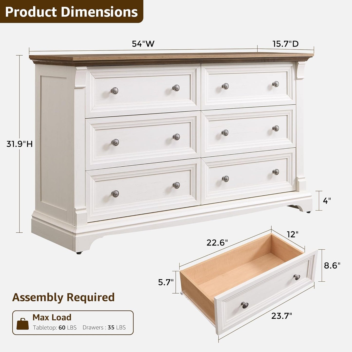 Farmhouse 6 Drawers Dresser for Bedroom, 54" Wide Large Dressers & Chests of Drawers W/Roman Column, Wooden Dresser TV Stand with Large Drawers for Nursery Bedroom Living Room Hallway, Antique White