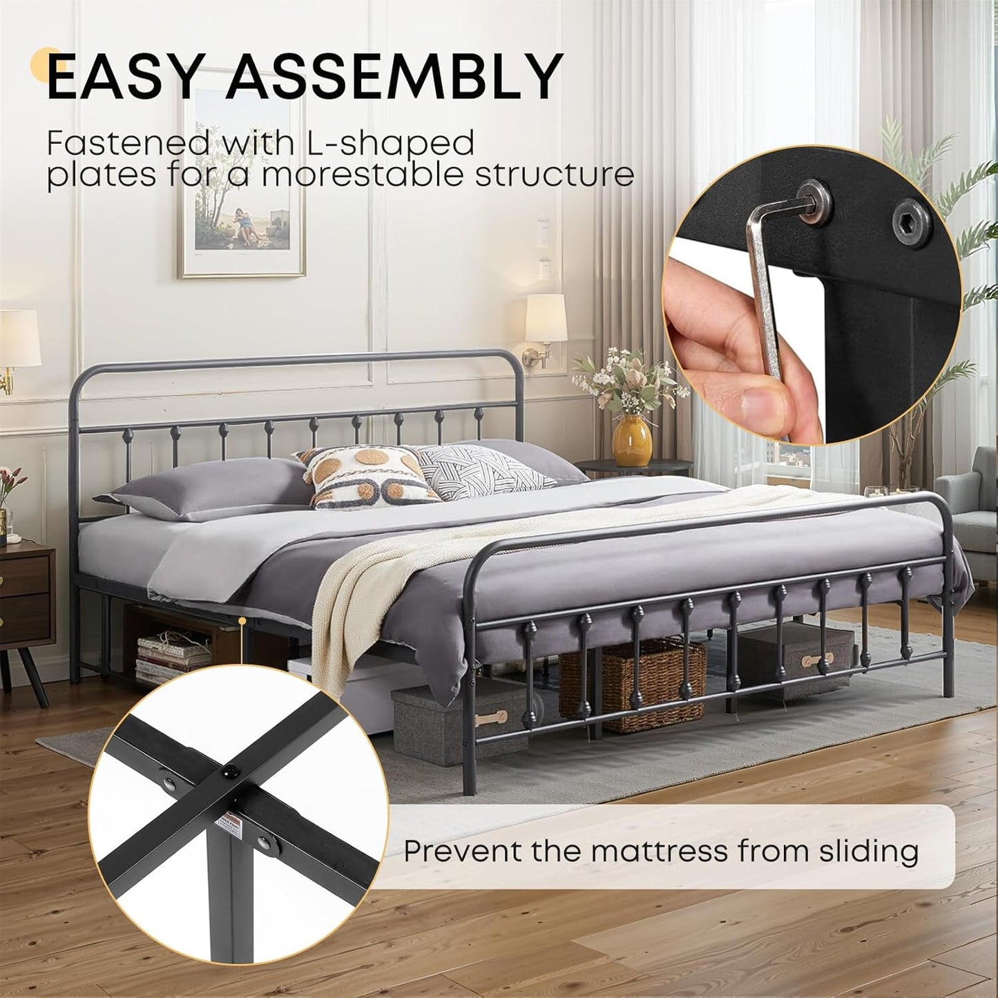 Queen Bed Frame-Classic Metal Platform Bed Frame Mattress Foundation with Victorian Style Iron-Art Headboard/Footboard/Storage Space/No Box Spring Needed/Black