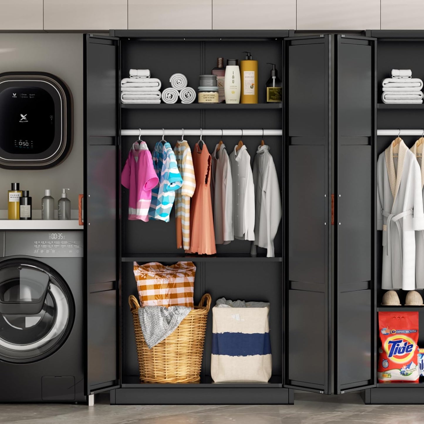 Metal Wardrobe Closet with Doors and Shelves,72" Black Armoire Wardrobe Closet for Hanging Clothes for Home,Bedroom,School,Employee,Gym(36" W X 18" D,Warm Style)