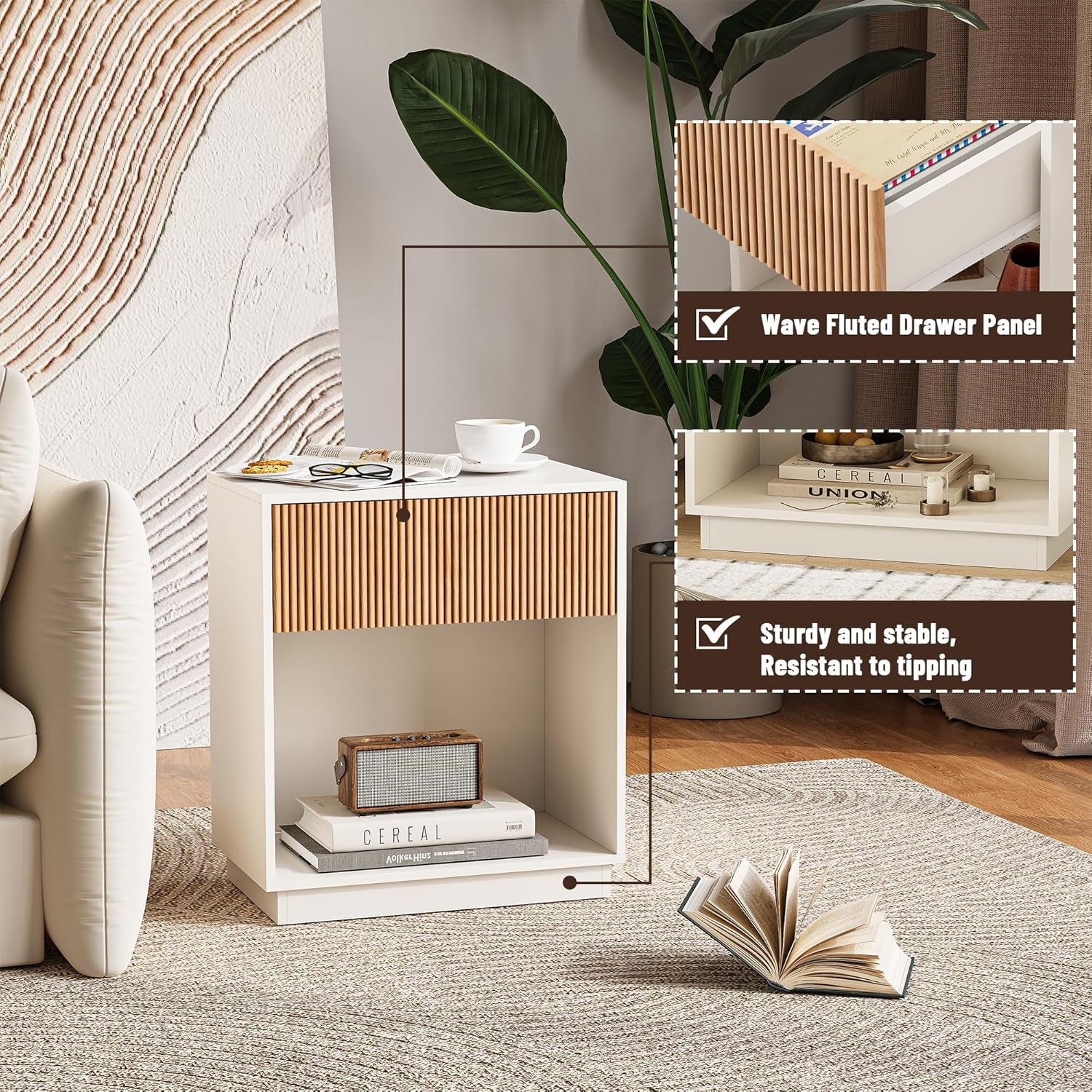 Fluted Nightstands Set of 2, Modern Bedside Table with Drawer and Storage Shelf, Wood End Table Mid Century Night Stands for Bedroom Living Room Sofa Couch Office (White+Oak)