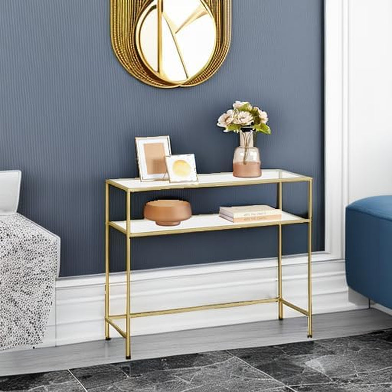 39.4 Inch Console Sofa Table, Modern Entryway Table, Tempered Glass Table, Metal Frame, 2 Shelves, Adjustable Feet, for Living Room, Hallway, Gold Color ULGT025A01