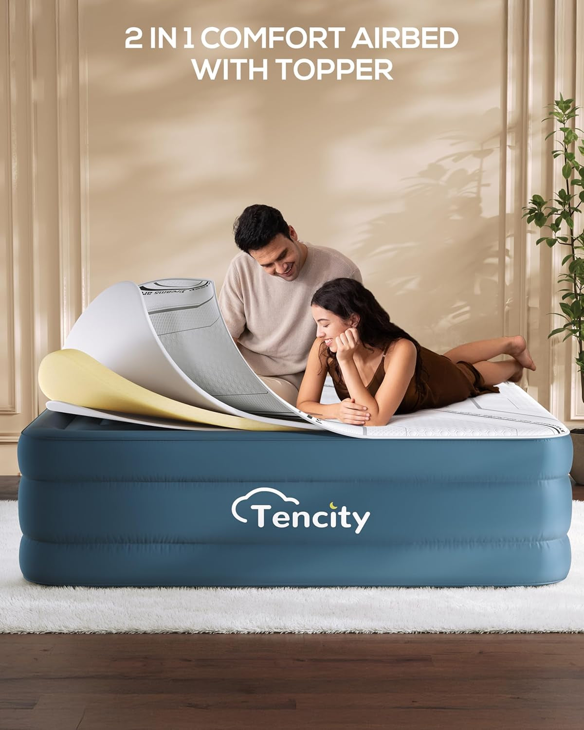 20” Tall Luxury Air Mattress with Quilted Foam Topper, Extra Firm Support with U-Shaped PVC Strap Inflatable Bed, Quiet & Comfortable Blow up Bed for Home Guests, Camping, Travel, Fast Inflate Airbed