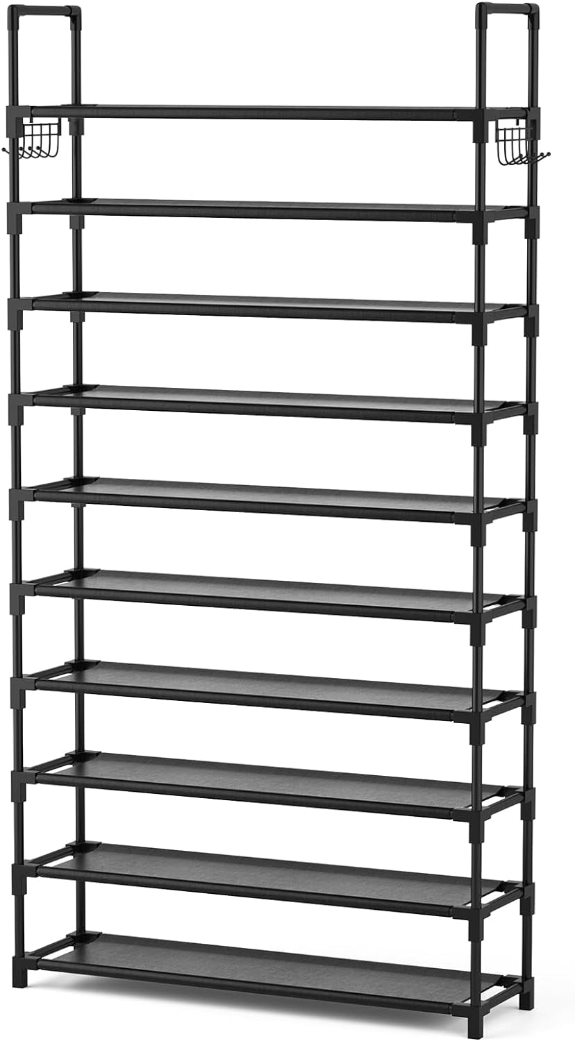 10 Tier Shoe Rack Tall Large Capacity Wide Shoe Organizer with Two Hooks Sturdy Metal Shoe Shelf for Entryway, Closet, Bedroom