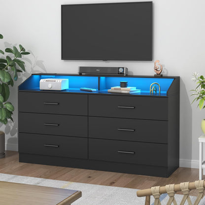 6 Drawer Dresser with Power Outlet, Chest of Drawers with LED Light, Modern Dresser with Open Storage Cubby, Double Wide Dressers Organizer for Bedroom, Living Room, Entryway, Hallway