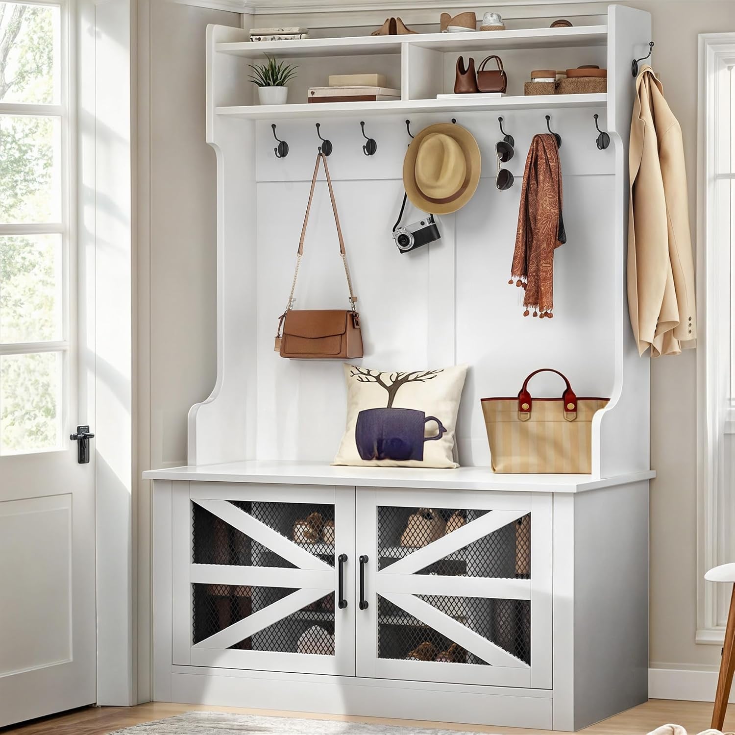 42" Wide Hall Tree with Shoe Storage, Farmhouse Entryway Bench with Coat Rack, 10 Shoe Cubbies with Adjustable Shelves & 10 Coat Hooks, Shoe Storage Bench for Entryway Hallway (White)