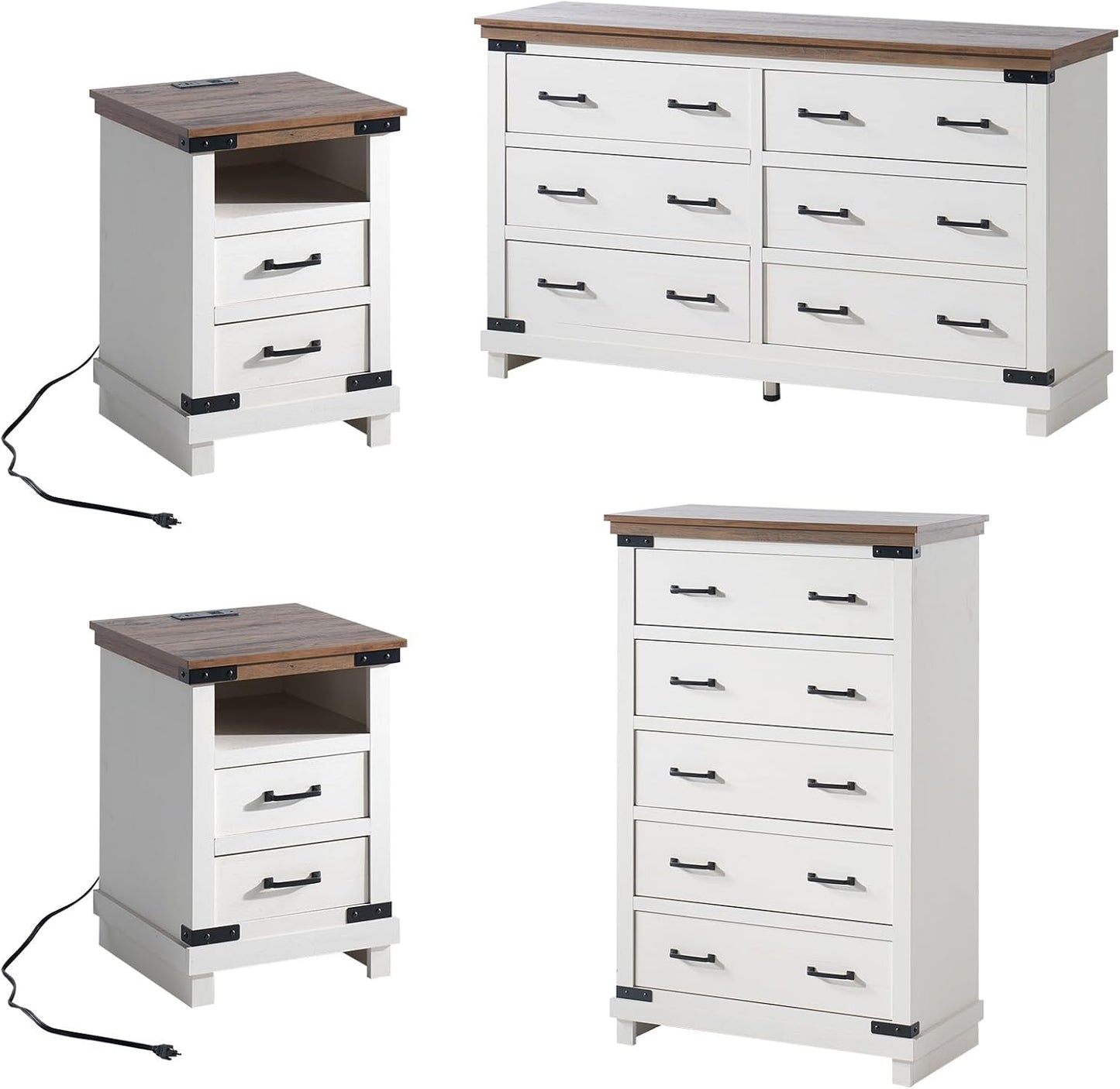 4 Pieces Farmhouse Bedroom Set, Includes 6 Drawer Large Dresser Chest, 5 Drawer Tall Dresser Chest, Nightstand Set of 2 with Charging Station, Wood Rustic Chest of Drawer, Living Room, White
