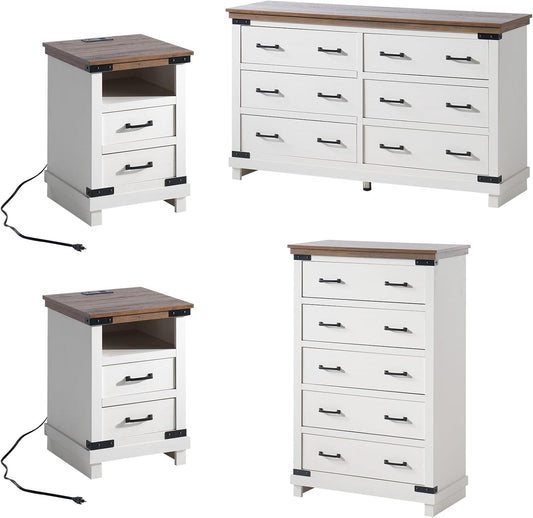 4 Pieces Farmhouse Bedroom Set, Includes 6 Drawer Large Dresser Chest, 5 Drawer Tall Dresser Chest, Nightstand Set of 2 with Charging Station, Wood Rustic Chest of Drawer, Living Room, White