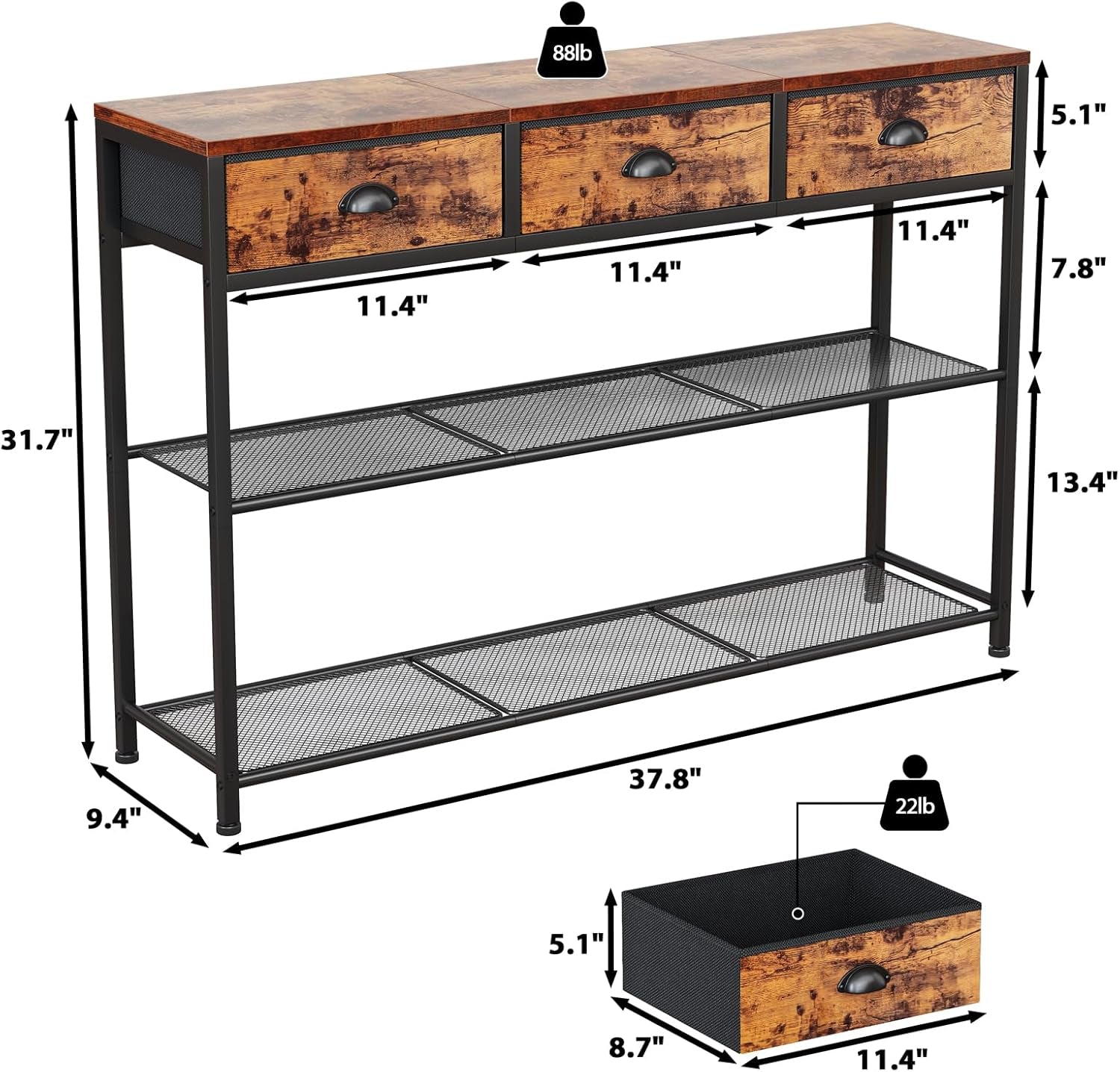 White Entryway Table, 38'' Console Sofa Table with 3 Fabric Drawers, Industrial Entry Way Table with Storage Shelves, Display Shelf for Living Room, Hallway, Entrance, Foyer